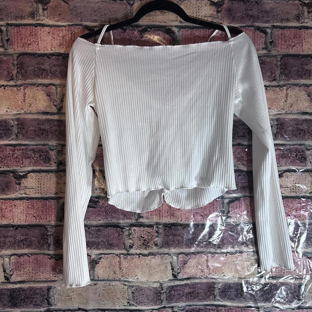 White Ribbed Ruched Off-Shoulder Long Sleeve Crop Top - Picture 7 of 15
